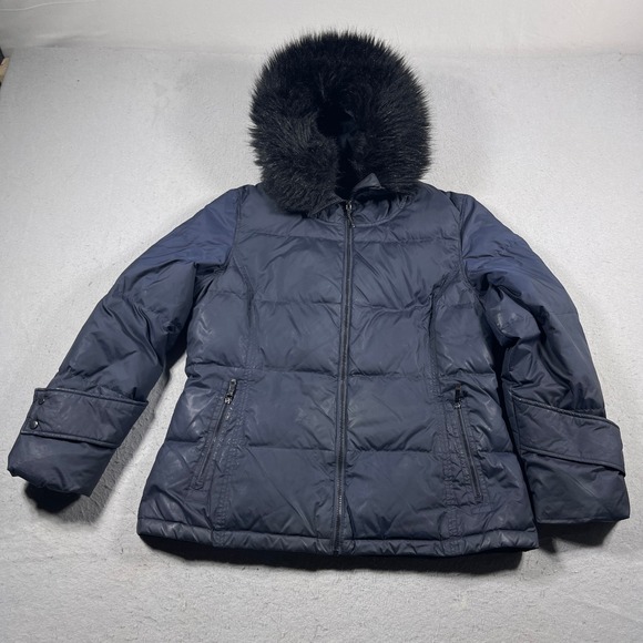 Calvin Klein Puffer Jacket Women XL Navy Blue Faux Fur Hood Duck Down Fill - Picture 1 of 12